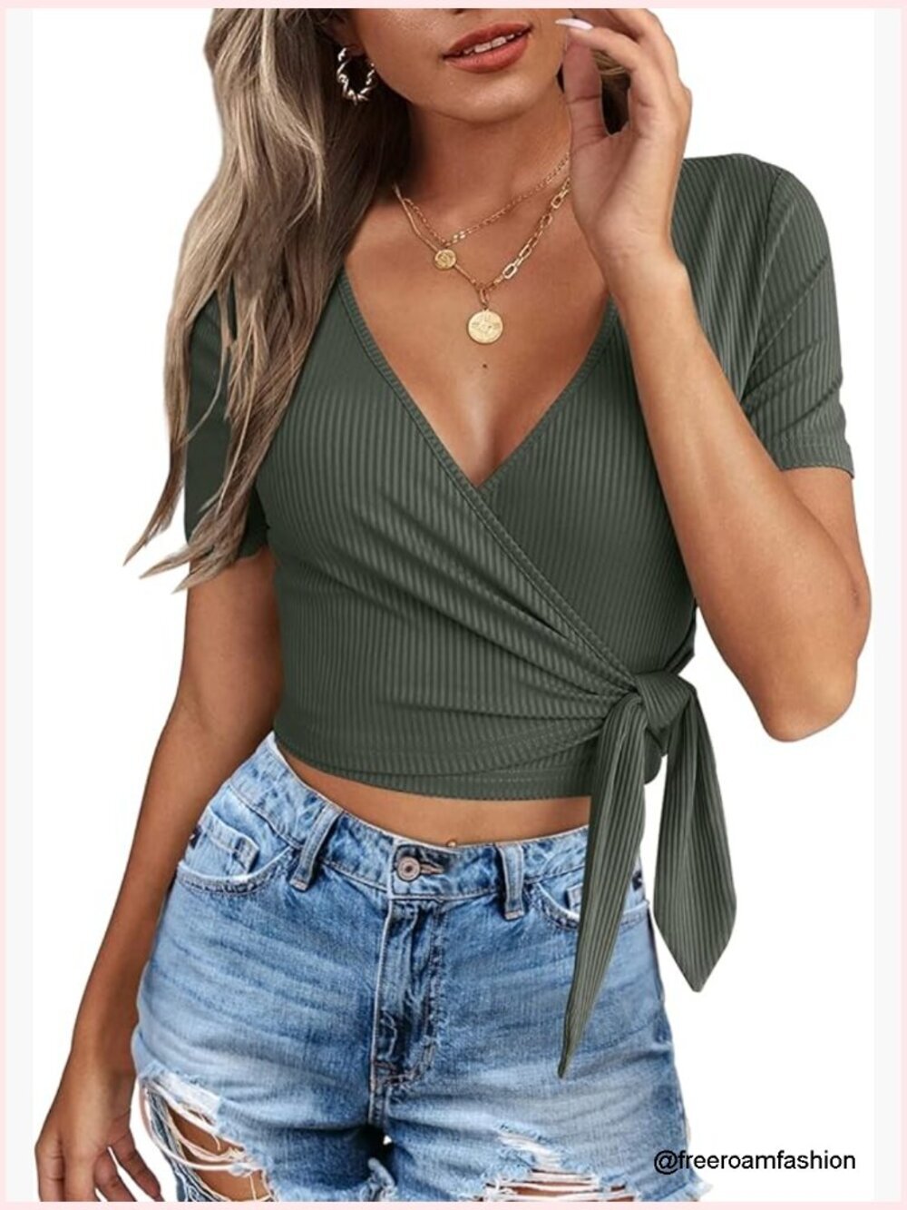 Women's Crop Top with Deep V Neck Cross Wrap Tie Up Front Short Sleeve Summer